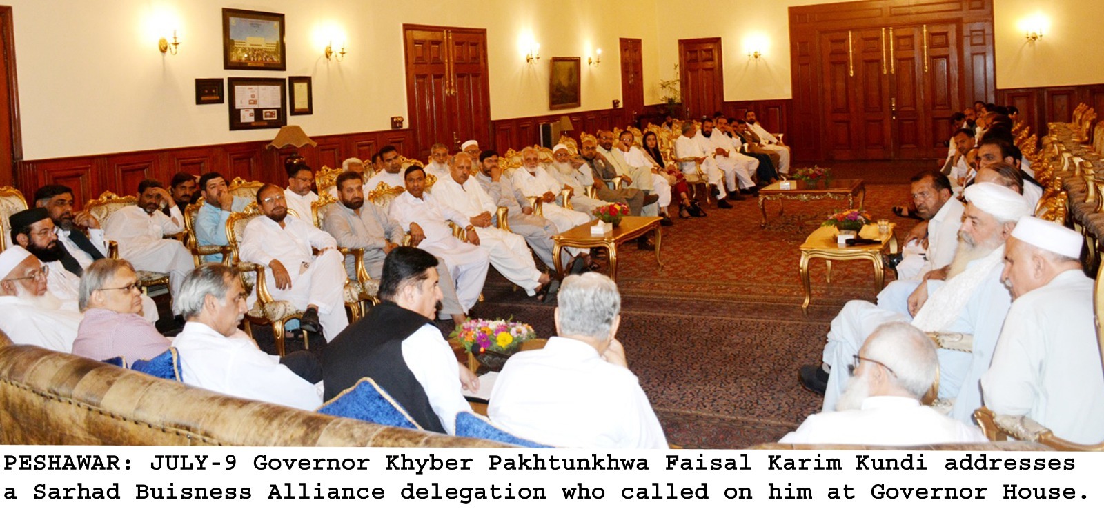Governor Khyber Pakhtunkhwa Faisal Karim Kundi addresses a Sarhad Business Alliance Delegation who called on him at Governor House