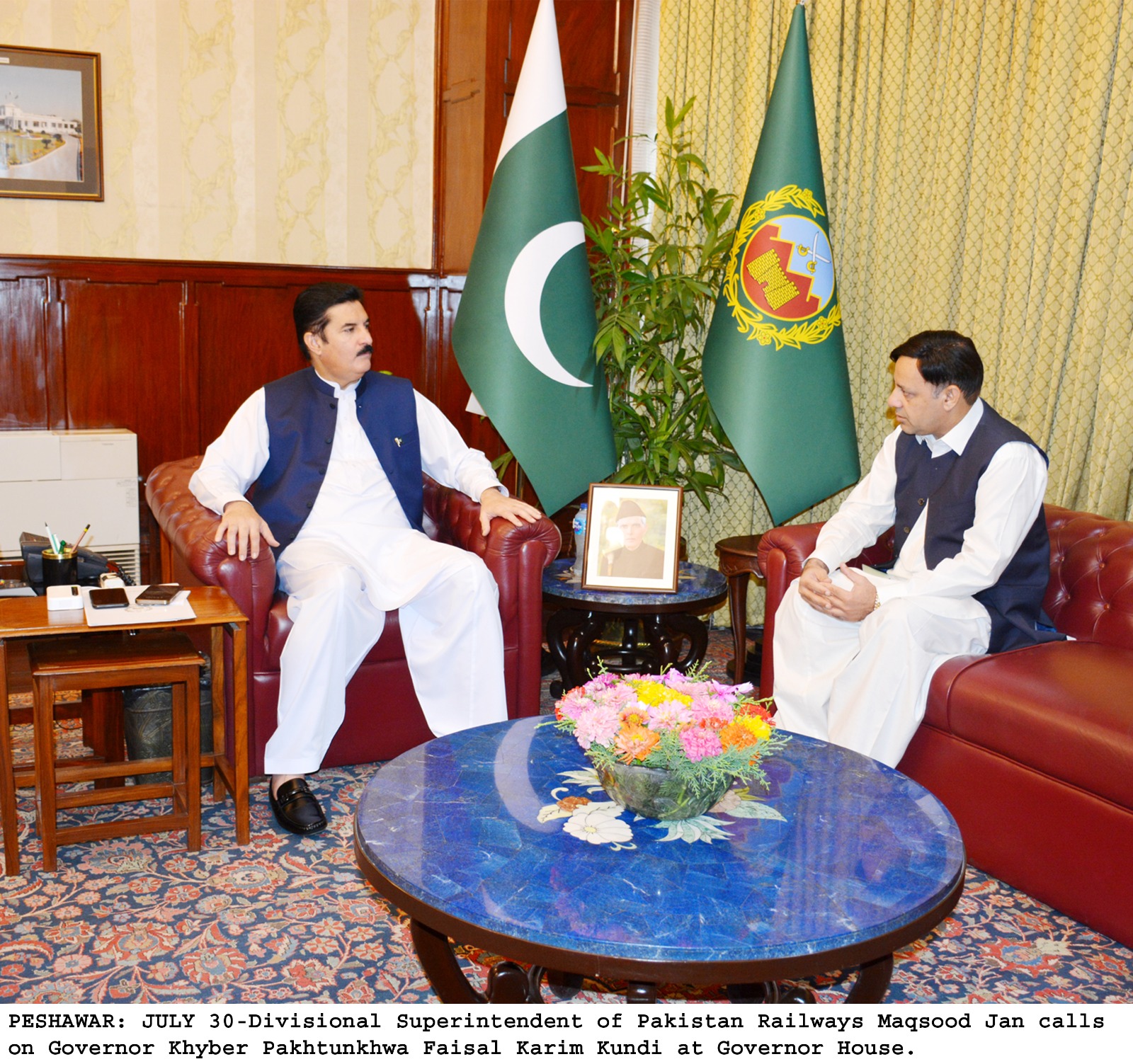 Divisional Superintendent of pakistan railway maqsood jan calls on Governor Khyber Pakhtunkhwa Faisal Karim Kundi at Governor House