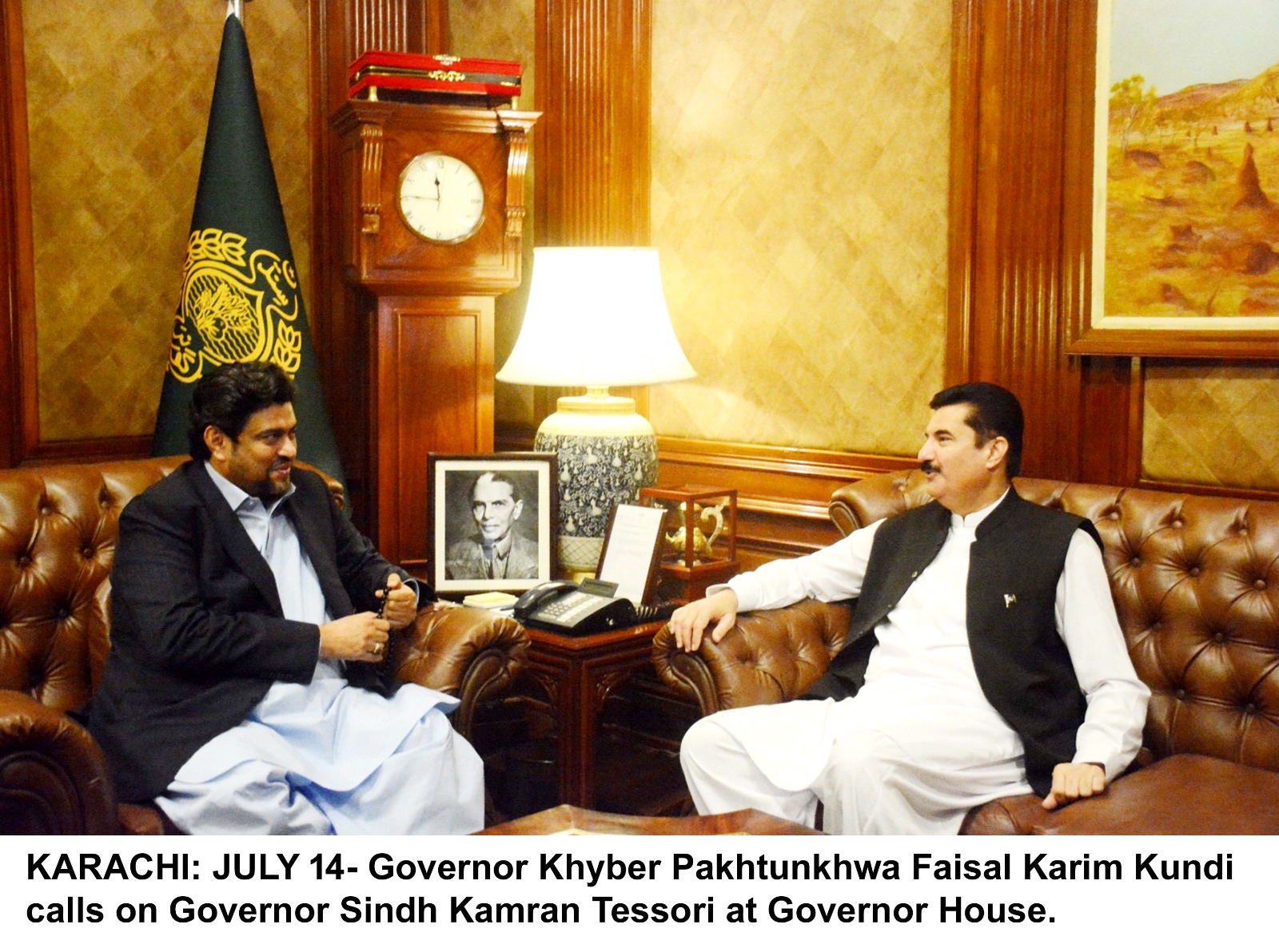 Governor Khyber Pakhtunkhwa Faisal Karim Kundi call on Governor Sindh kamran Tessori at Governor House.