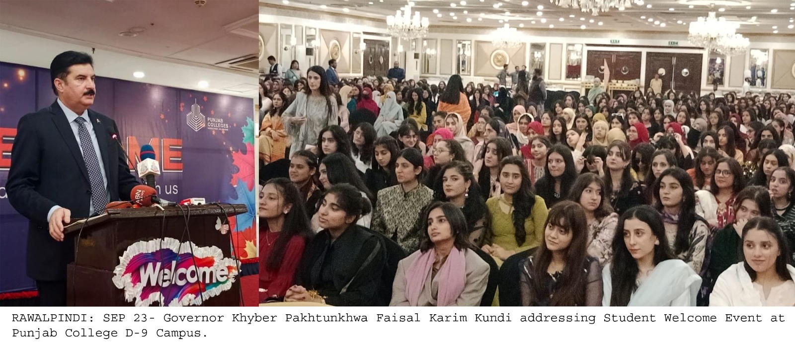 Governor Khyber Pakhtunkhwa Faisal Karim Kundi addressing Student Welcome Event at Punjab College D-9 Campus, Rawalpindi.