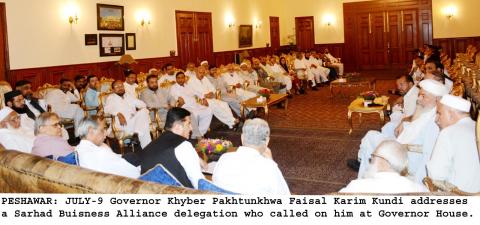 Governor Khyber Pakhtunkhwa Faisal Karim Kundi addresses a Sarhad Business Alliance Delegation who called on him at Governor House