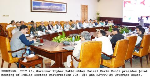 Governor Khyber Pakhtunkhwa Faisal Karim kundi presides joint meeting of public Sector universities VCs, GIZ and NAVTTC at Governor House.
