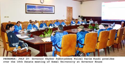 Governor Khyber Pakhtunkhwa Faisal Karim kundi presides over the 18th senate meeting of Gomal university at Governor House