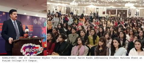 Governor Khyber Pakhtunkhwa Faisal Karim Kundi addressing Student Welcome Event at Punjab College D-9 Campus, Rawalpindi.